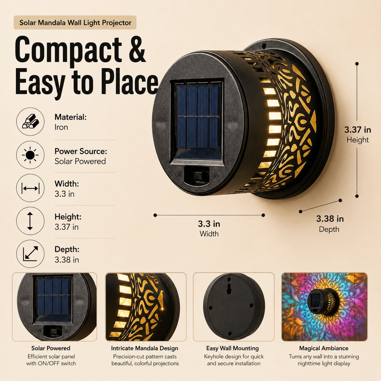 🎖️Solar Mandala Light – Stunning Pattern Projection, 2-in-1 Floor & Wall Design & IP65 Waterproof Auto On/Off 🌿