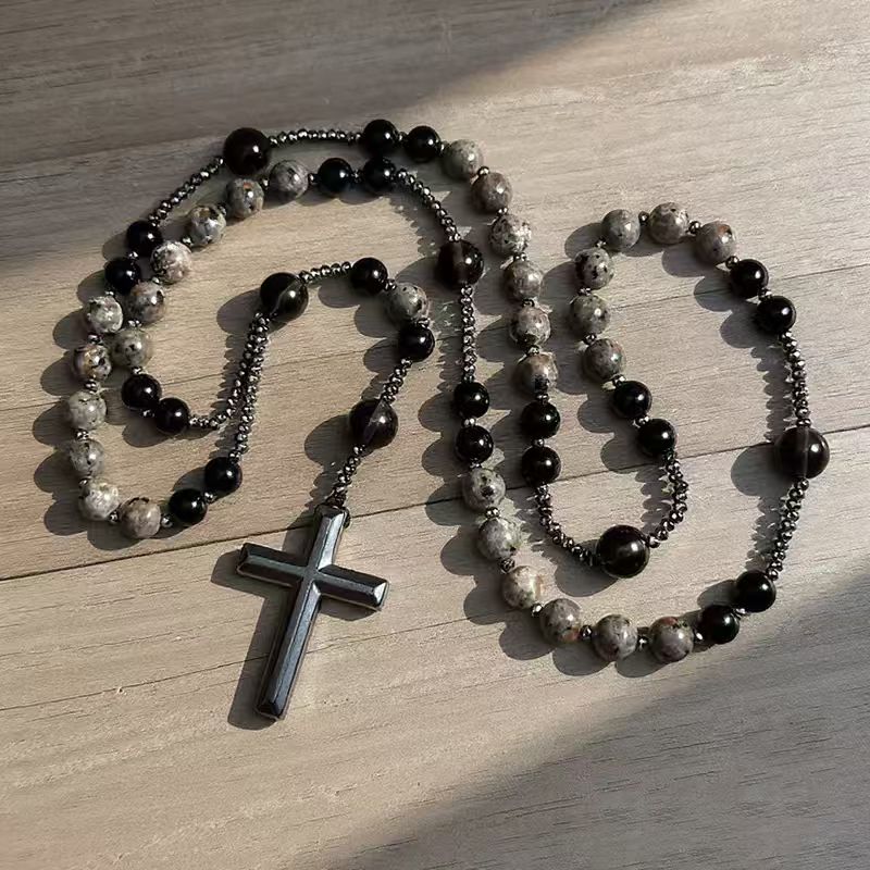 ✝️Natural Obsidian Yooperlite RosaryNecklace, UV Reactive EnergyProtection Healing Crystal