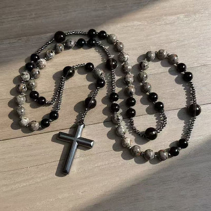 ✝️Natural Obsidian Yooperlite RosaryNecklace, UV Reactive EnergyProtection Healing Crystal