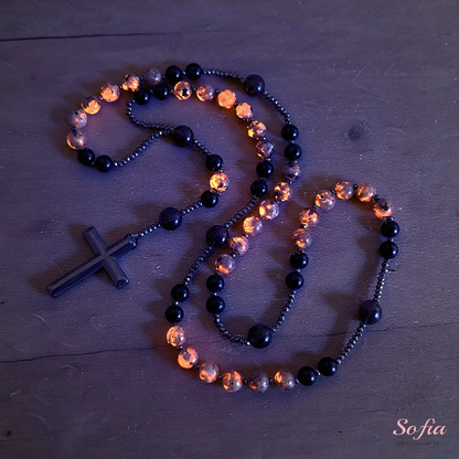 Natural Obsidian Yooperlite RosaryNecklace, UV Reactive EnergyProtection Healing Crystal
