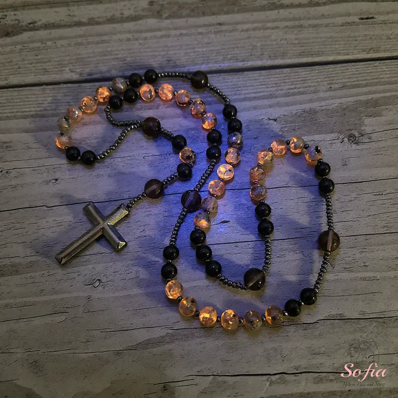 Natural Obsidian Yooperlite RosaryNecklace, UV Reactive EnergyProtection Healing Crystal