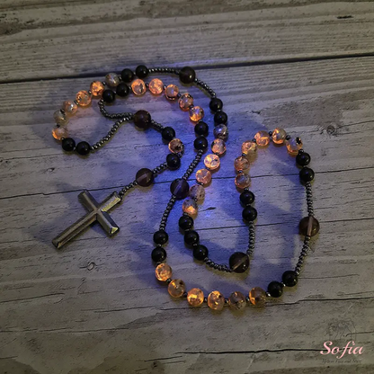 Natural Obsidian Yooperlite RosaryNecklace, UV Reactive EnergyProtection Healing Crystal
