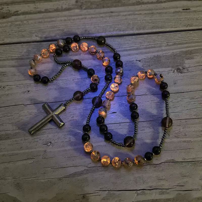 ✝️Natural Obsidian Yooperlite RosaryNecklace, UV Reactive EnergyProtection Healing Crystal