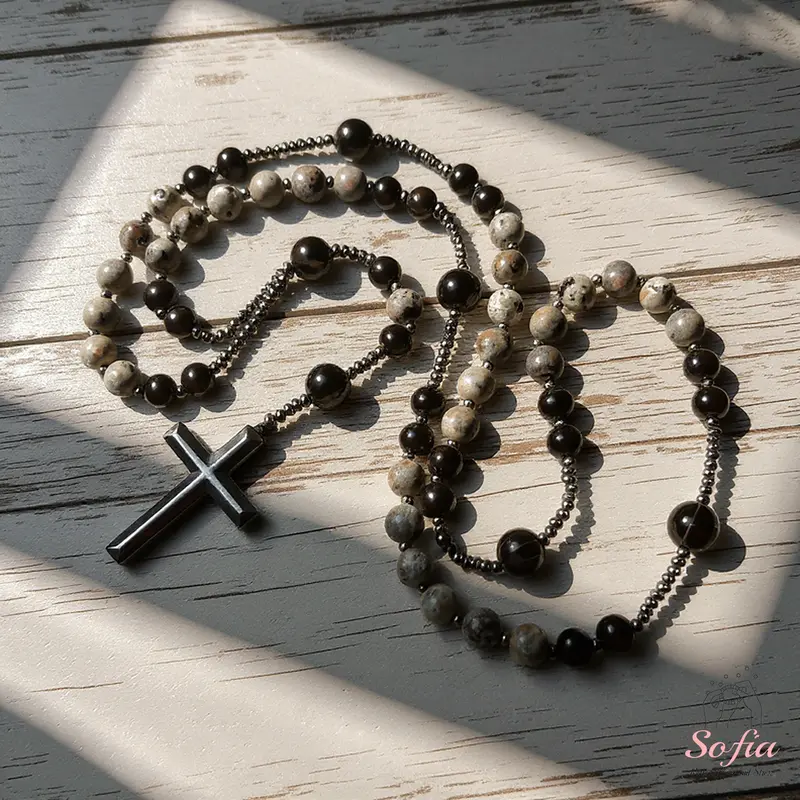 Natural Obsidian Yooperlite RosaryNecklace, UV Reactive EnergyProtection Healing Crystal