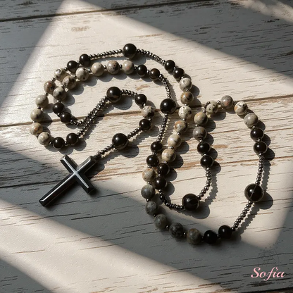Natural Obsidian Yooperlite RosaryNecklace, UV Reactive EnergyProtection Healing Crystal