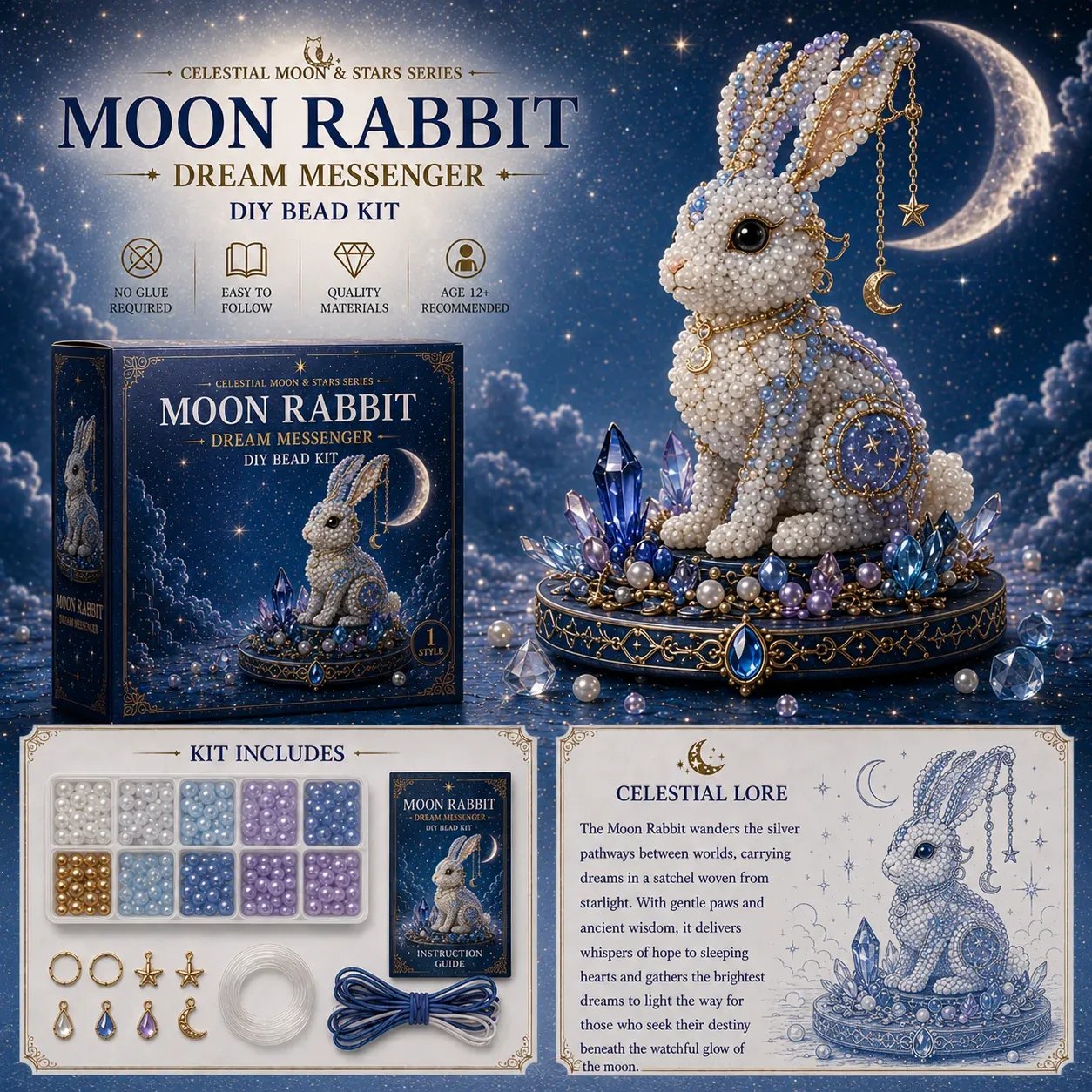 🔥Last Day: BUY 3 GET 1 FREE🌙 Moon Cat Luna Guardian DIY Bead Kit | Celestial Moon & Stars Series