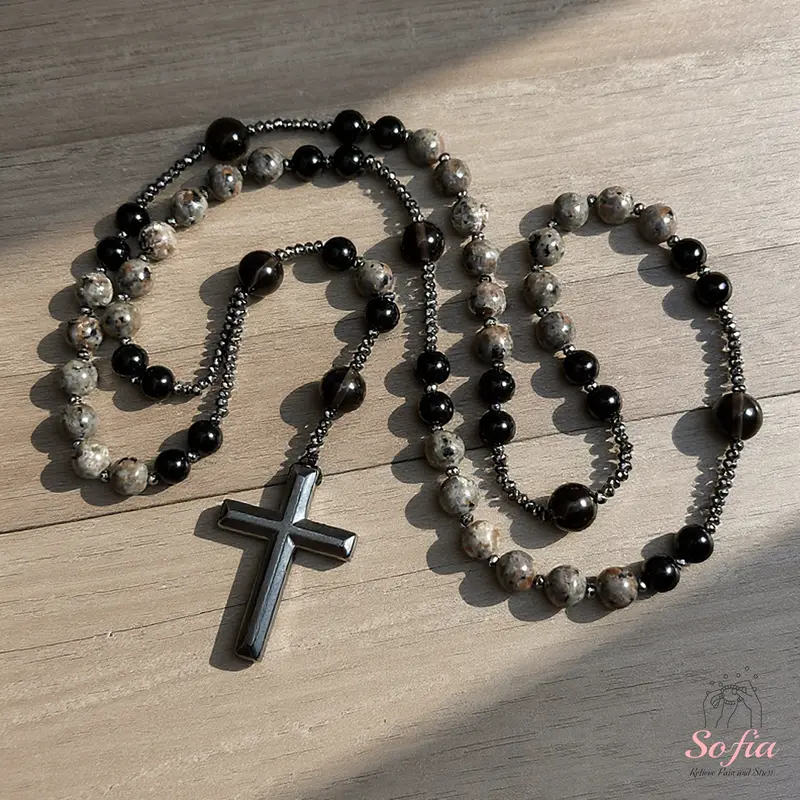 Natural Obsidian Yooperlite RosaryNecklace, UV Reactive EnergyProtection Healing Crystal
