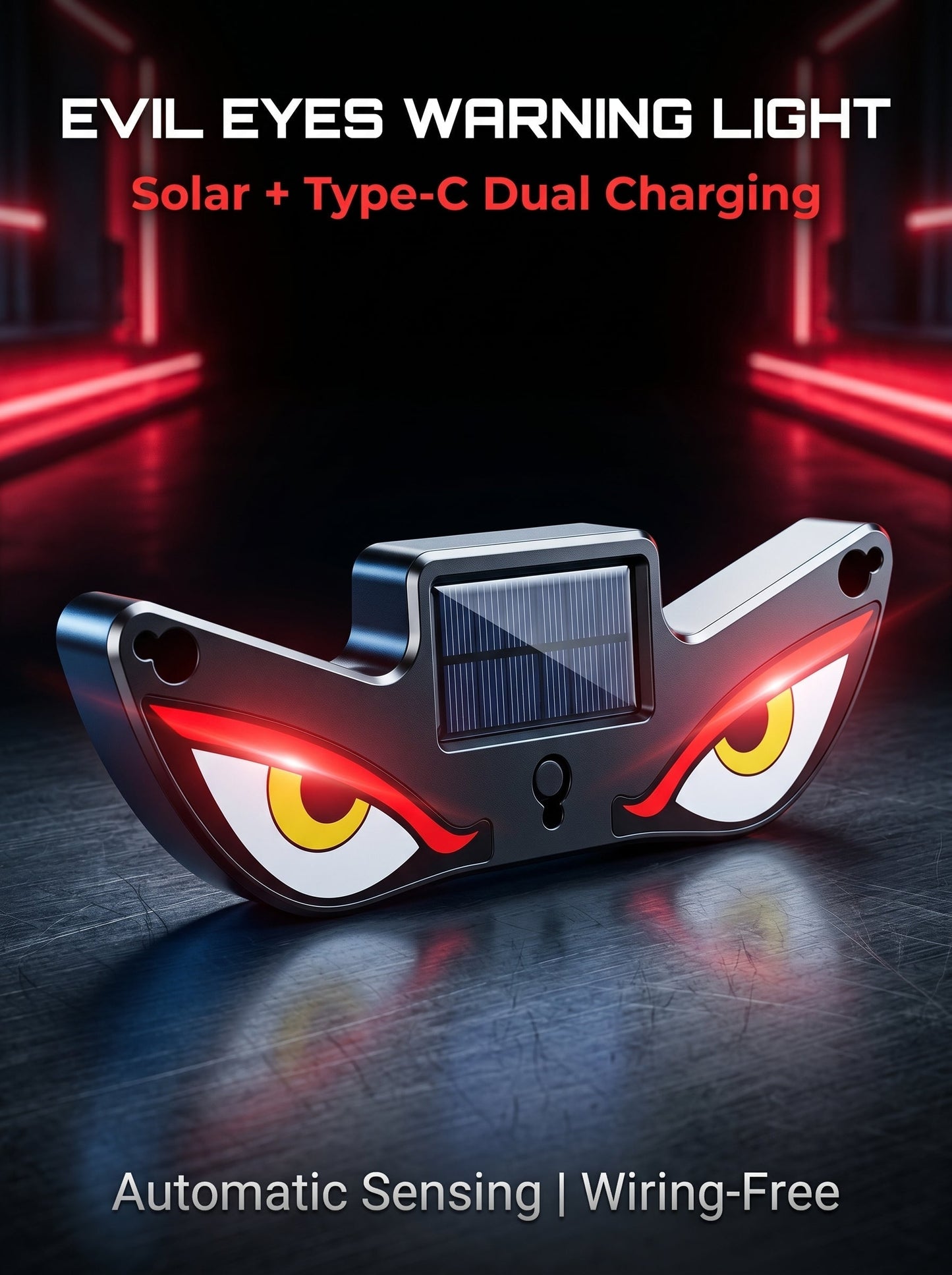 😈 Devil eye LED effect, high visibility at night! ☀️ Solar + Type-C dual charging, no wiring needed!