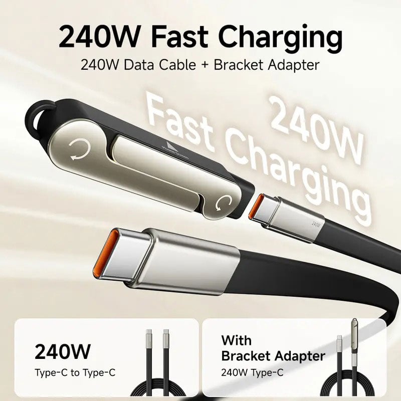240W Super Fast Charging 360° Rotating Invisible Stand Detachable Two-in-One Charging Cable, Zinc Alloy Silicone Type-C Cable compatible with Apple and Samsung, essential for gaming, office, and car use | Bestselling cutting-edge technology. detail view