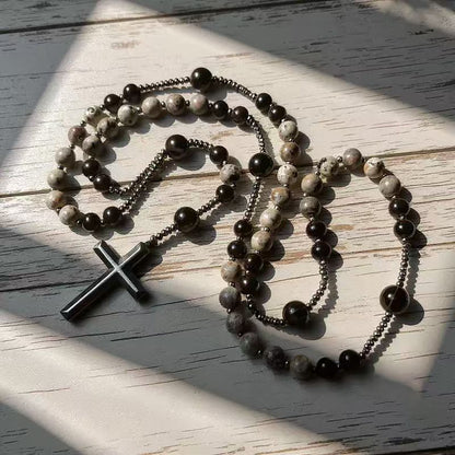 ✝️Natural Obsidian Yooperlite RosaryNecklace, UV Reactive EnergyProtection Healing Crystal