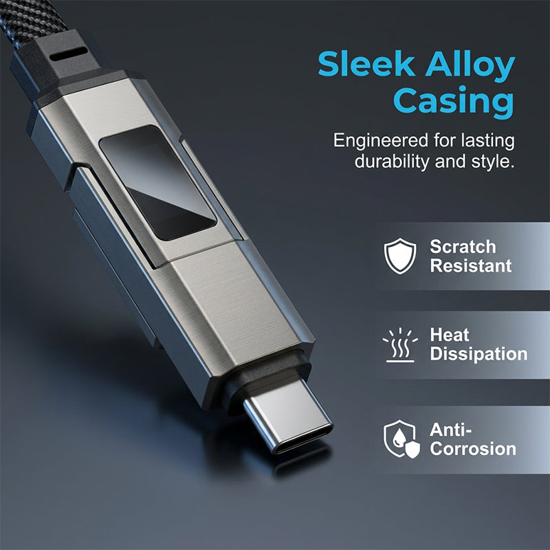 🔌 4-in-1 Charging Cable with Digital Display & Keychain – Fast-Charging, Kink-Resistant & Compact
